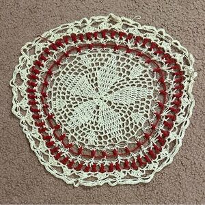 VTG HAND CROCHETED DOILY 12” White Red Vintage Handmade Christmas Flower Holiday